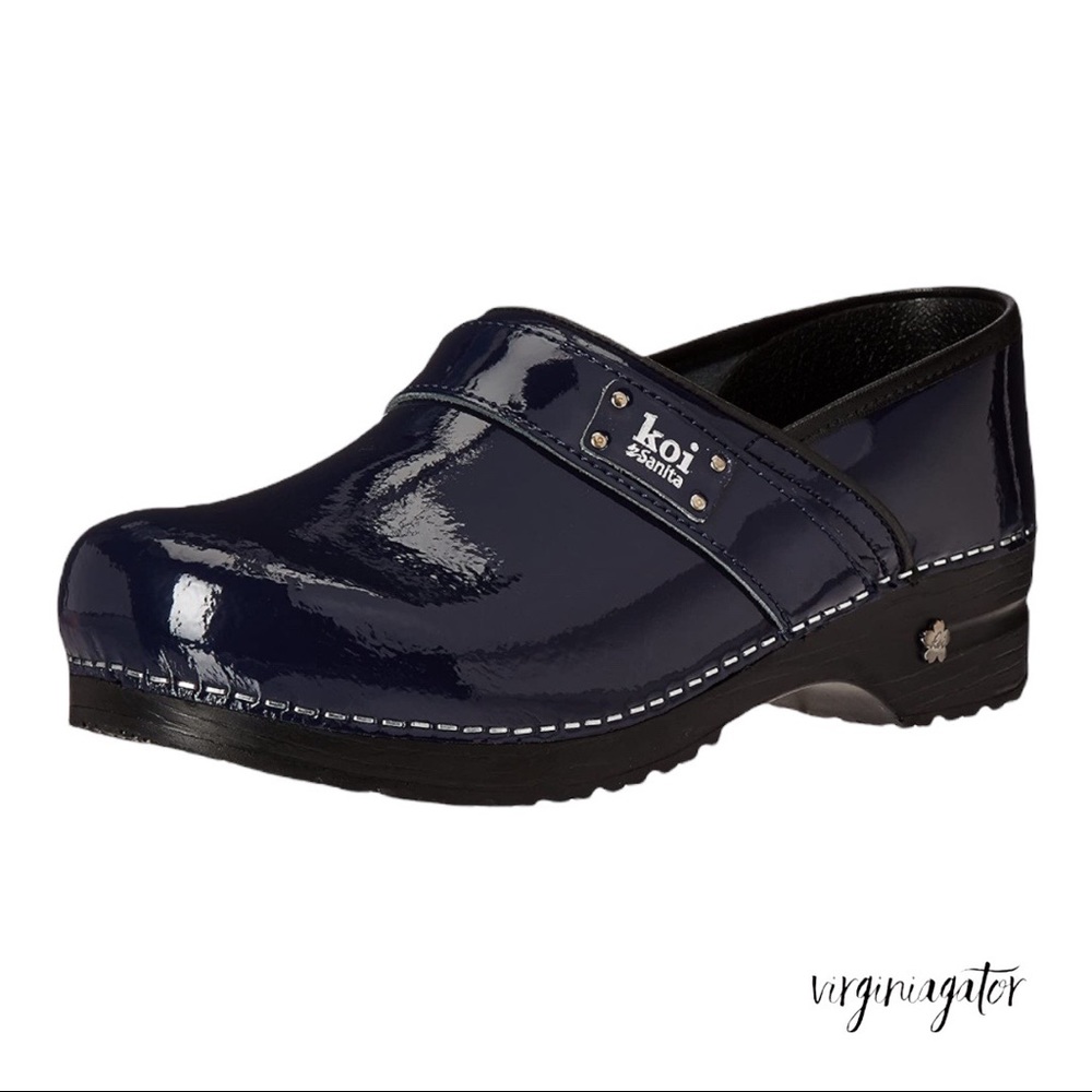 Sanita Lindsey By Koi Blue Patent Leather Professional Danish Comfort Clogs
